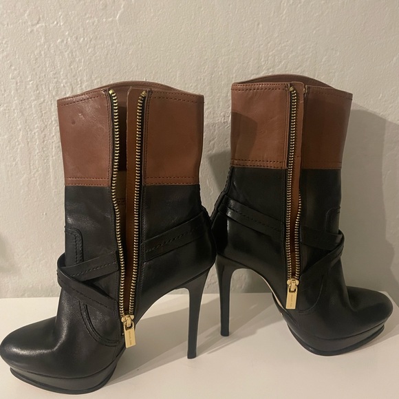Michael Kors Stockard Two Tone Black Mocha/Brown Leather Platform Heel Boots 6M - Picture 4 of 14